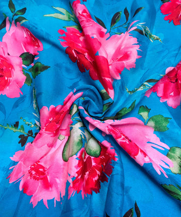 Firozi Floral Printed Chinon Silk Fabric